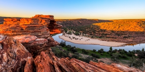 Natures window rock formation overlooking Murchison river - Australian Stock Image