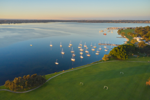 Nedlands Foreshore aerial view with yachts in the early morning - Australian Stock Image