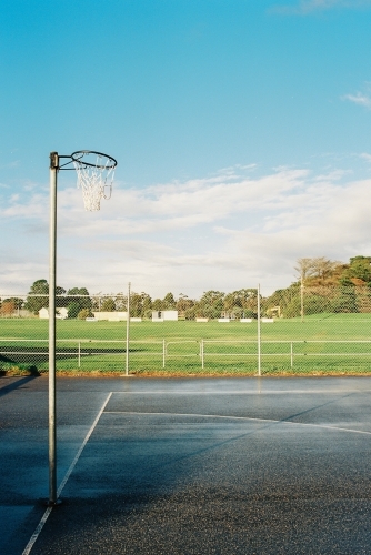 Netball hoop at community sports ground, shot on film