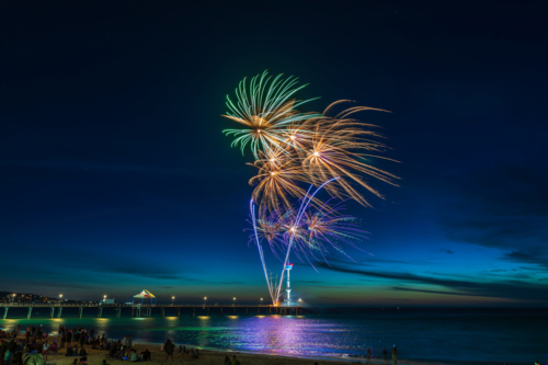 New Year’s Eve Fireworks on Brighton Jetty, Adelaide, South Australia - Australian Stock Image