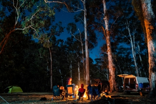 night camping among the trees with a campfire and stars