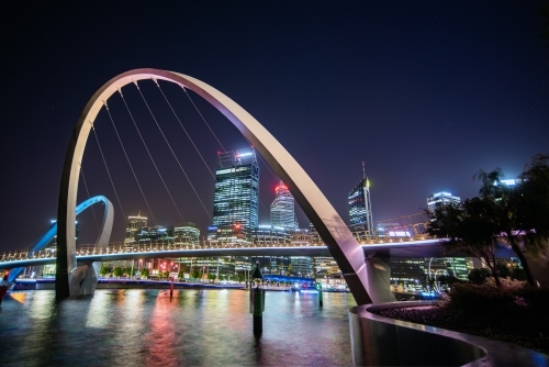 Night time in Perth at the Elizabeth Quay bridge looking at the city - Australian Stock Image