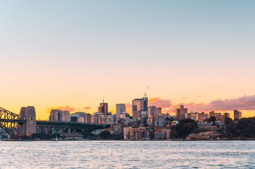North Sydney viewed from Royal Botanic Garden at sunset time - Australian Stock Image