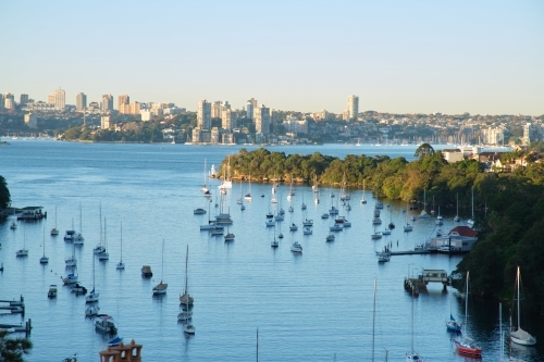Numerous boats anchored in the ocean with city skyline in the foreground. - Australian Stock Image