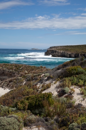 Ocean view over grassy sand dunes - Australian Stock Image