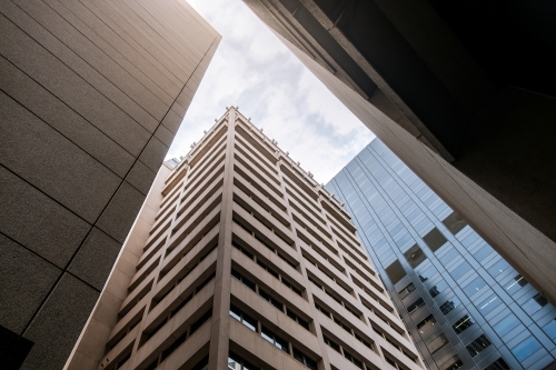 Office buildings in Adelaide city on a day while looking up - Australian Stock Image