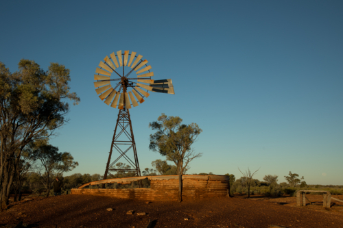 Old abandoned windmill and turkey nest - Australian Stock Image