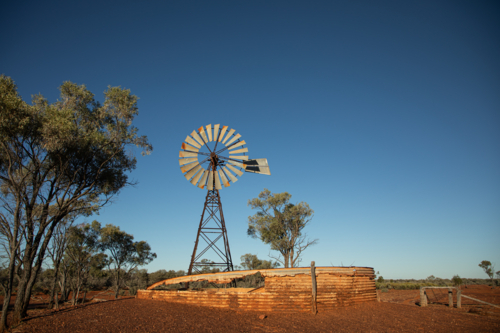 Old abandoned windmill and turkey nest with gidgea trees - Australian Stock Image