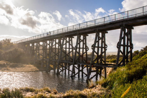 Old railway bridge with creek underneath - Australian Stock Image