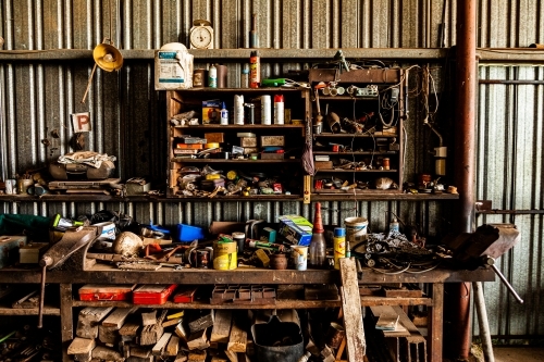 Old shed on farm full of tools and equipment - Australian Stock Image