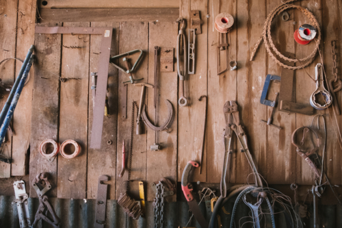 Old tools in a farm shed in Western Australia - Australian Stock Image