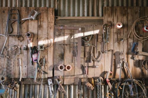 Old tools in a farm shed in Western Australia - Australian Stock Image