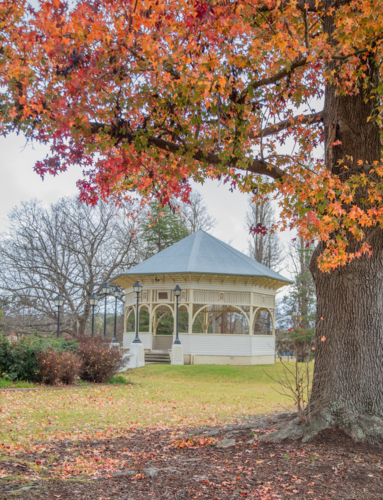 Orange autumn leaves framing a small town band rotunda - Australian Stock Image