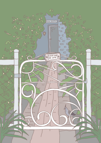 Ornate white garden gate with pathway and foliage in pastel illustration - Australian Stock Image