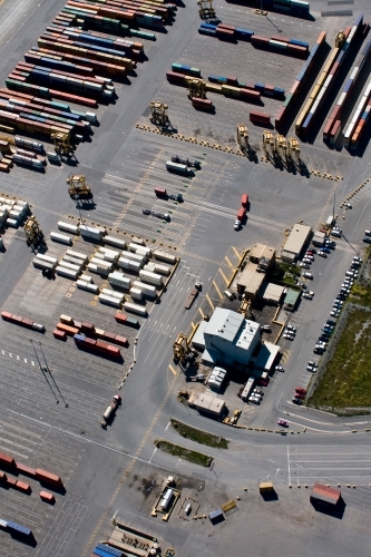 Overhead drone shot of shipping port