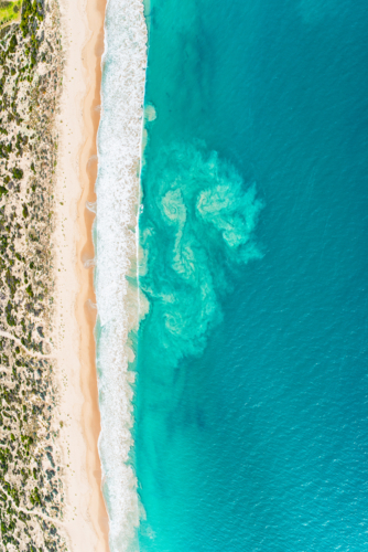 Overhead of Sand Beach With Dunes and Blue Ocean Surf - Australian Stock Image