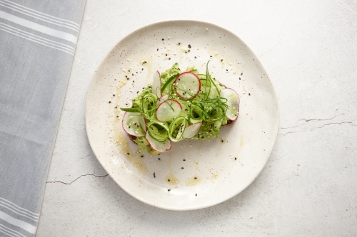 Overhead shot of avocado on toast - Australian Stock Image