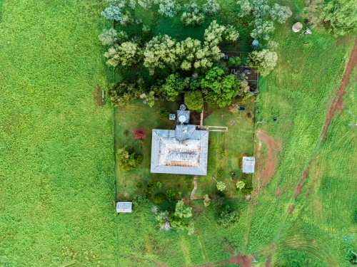 Overhead view of country house on rural farm - Australian Stock Image