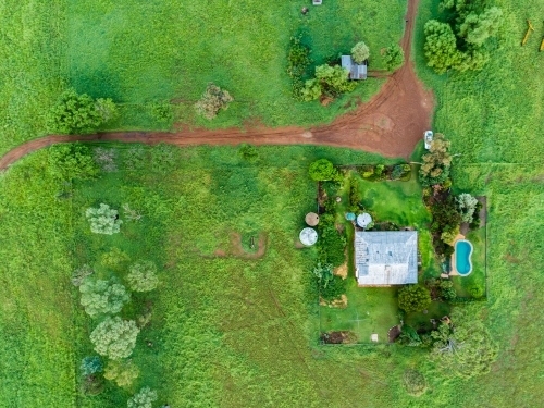 Overhead view of country house on rural farm