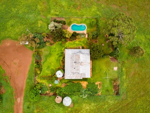 Overhead view of country house on rural farm - Australian Stock Image