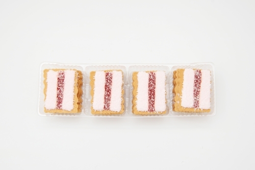 Packet of Iced Vovo Biscuits from above on white