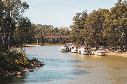 Paddle house boats on the Murray River in Echuca - Australian Stock Image