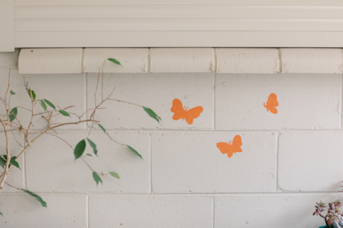 painted brick wall with butterfly stickers and twigs with leaves - Australian Stock Image