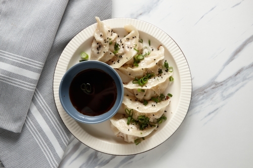 Pan fried dumplings garnished with green onions with dipping sauce on the side. - Australian Stock Image