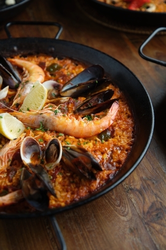 Pan of Spanish paella - Australian Stock Image