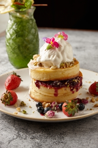 pancakes and ice cream dessert - Australian Stock Image