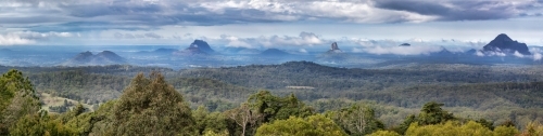 Pano of National Heritage Listed Glasshouse Mountains in the early morning light