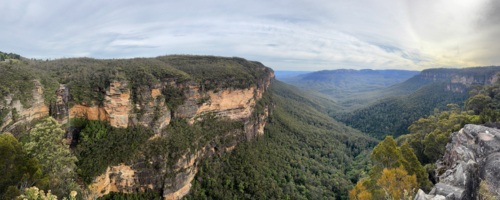 Panorama of Jamison Valley from Princes Rock Lookout, Blue Mountains, NSW - Australian Stock Image