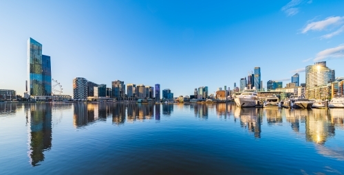 Panorama of Melbourne CBD Docklands buildings and Yarra river - Australian Stock Image
