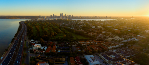 Panoramic Aerial Perth Sunrise - Australian Stock Image
