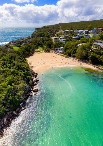 Panoramic scenic views of Manly and Shelly Beach on a sunny day.  Stitched panorama of 5 images - Australian Stock Image