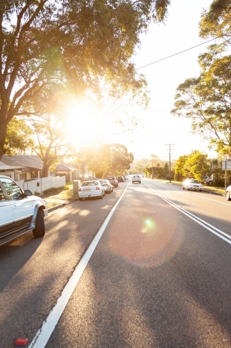 Parked cars on the side of a Newcastle road with sun flare through gum trees