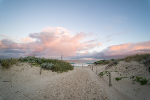 Pathway and coastal sand dunes, pastel sunset sky at Scarborough Beach, Perth, Western Australia - Australian Stock Image