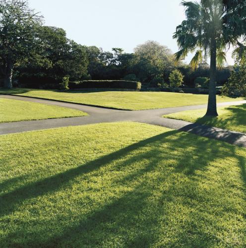 Paved pathways through parkland with light and shadow - Australian Stock Image