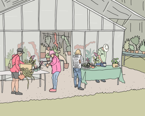 People at plant sale in front of greenhouse - Australian Stock Image