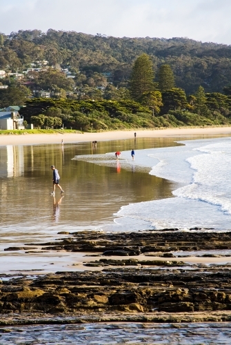 People walking on a beach in the early morning - Australian Stock Image