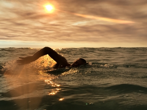 Person swimming in the ocean at sunset