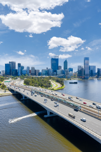 Perth City Skyline Over The Narrows Bridge - Australian Stock Image