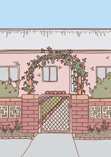 Pink house behind front gate with rose arbour, bird, brick wall and blue sky - Australian Stock Image