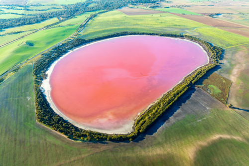 Pink Lake in Dimboola seen from aerial view - Australian Stock Image