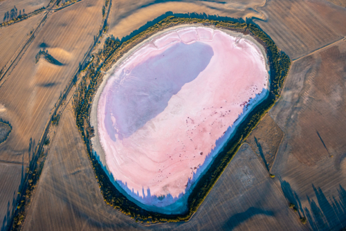 Pink Lake in Dimboola seen from aerial view - Australian Stock Image