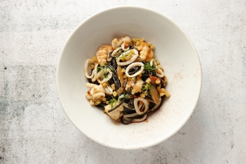Plate of seafood and squid ink noodles - Australian Stock Image