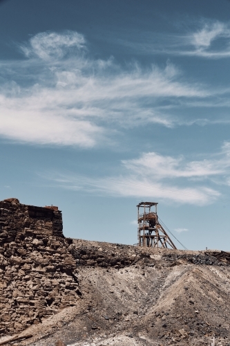 Poppet head shaft of Broken Hill with whispy clouds - Australian Stock Image