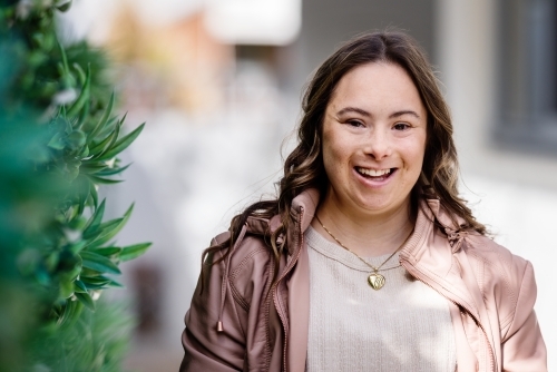 portrait of a young woman. from a series featuring a young woman with Down Syndrome - Australian Stock Image