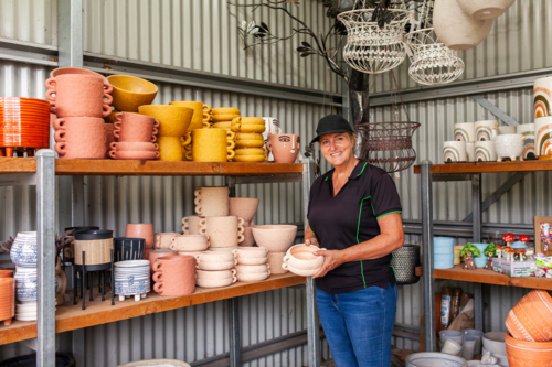 Portrait of female horticulturalist business owner standing in shed of pots at nursery - Australian Stock Image