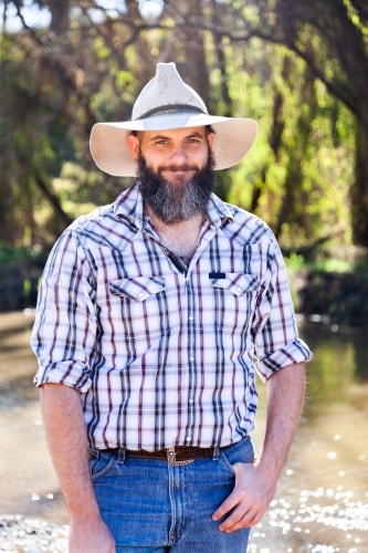 Portrait of male adult wearing akubra and - Australian Stock Image